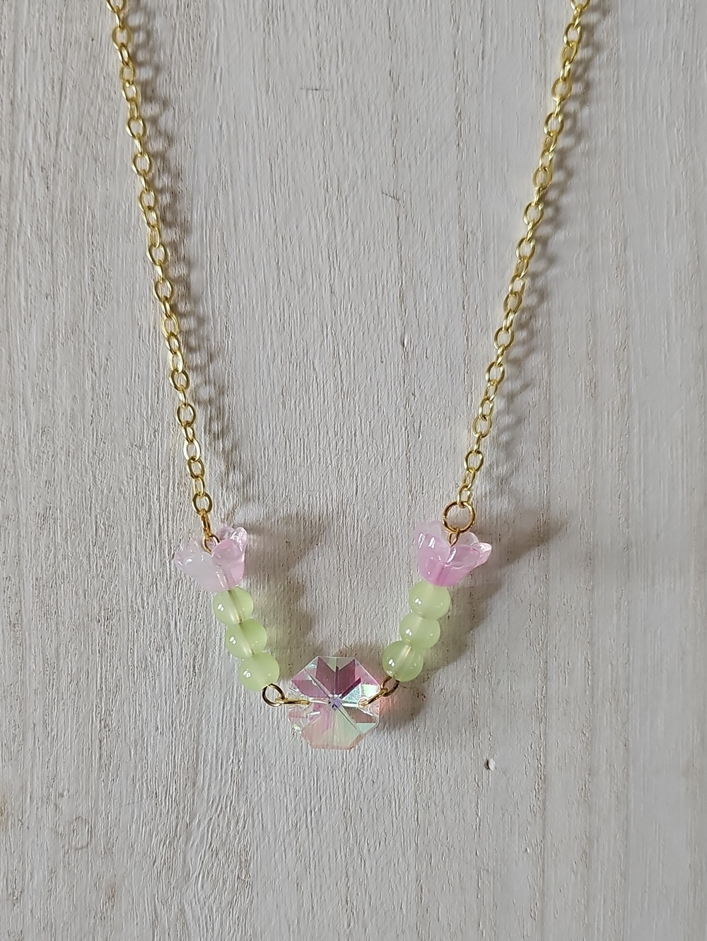 Delicate Pink & Green Flower Bead Necklace